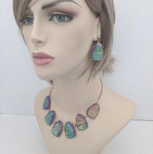 Multi Iridescent Stone Necklace Earring Set Gold